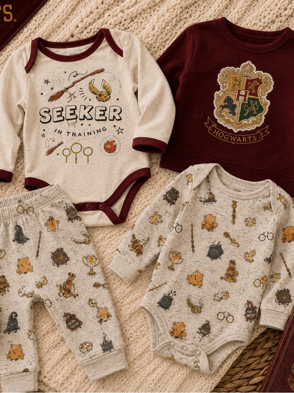 Harry Potter Baby 4-Piece Clothing Bundle Hogwarts Seeker Outfit Set Size 0-3M